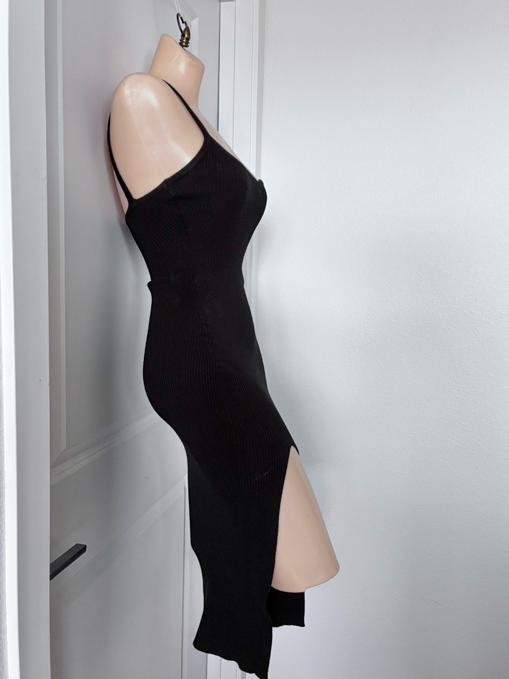 Windsor Black Ribbed Knit Midi Dress High Slit Bodycon Spaghetti Strap S - Picture 2 of 5